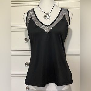 Black dressy v-neck blouse with sequins. Size L